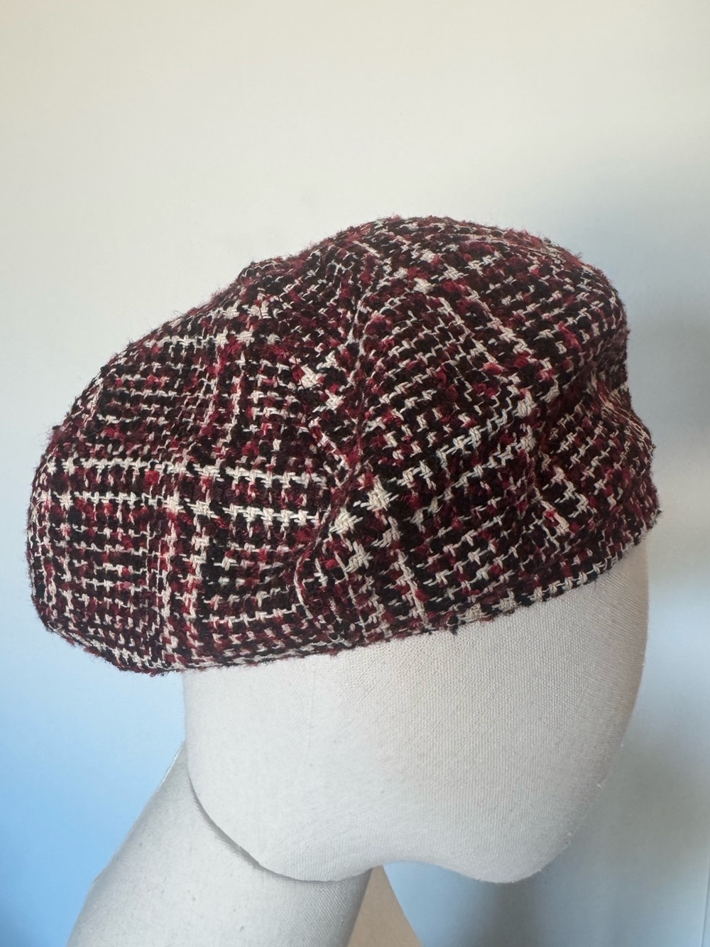 Free People Burgundy, Cream & Black Tweed Newsboy Cap